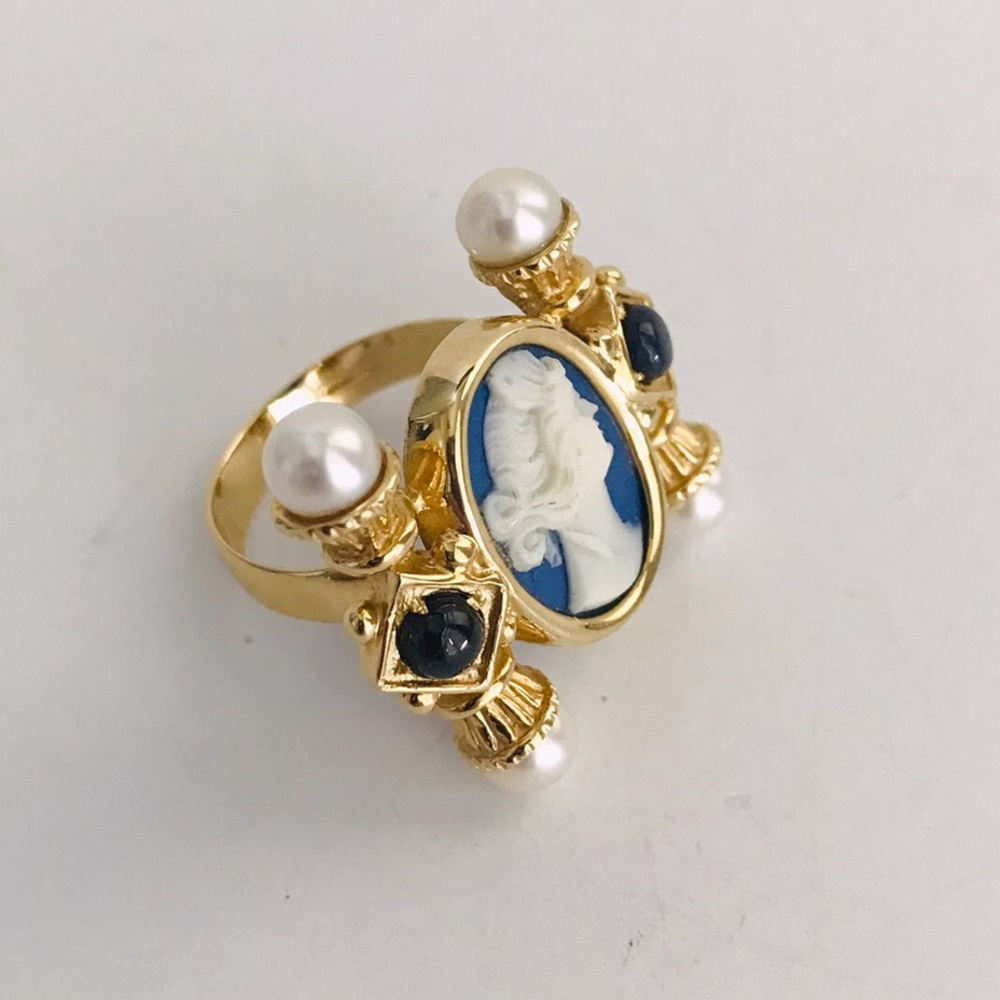 Renaissance Style 14K Glass Cameo, Pearl and Sapphire Ring Size 7 - Picture 2 of 14